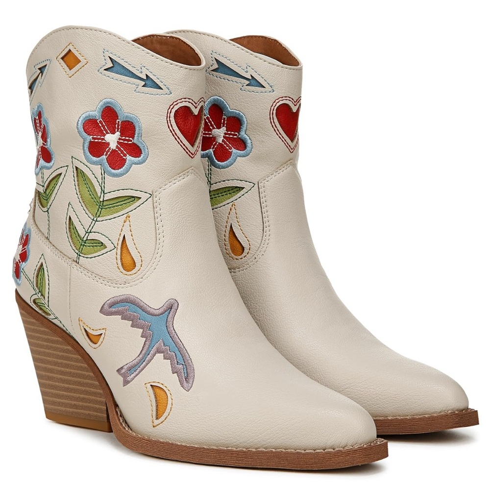 Embroidered Cream Ankle Boots